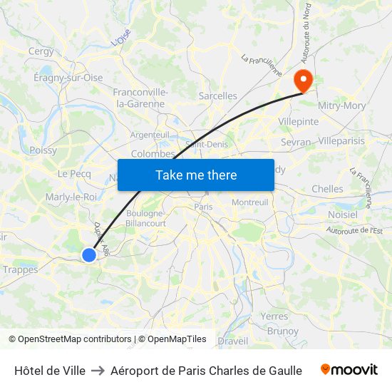 Hôtel de Ville to Aéroport de Paris Charles de Gaulle map