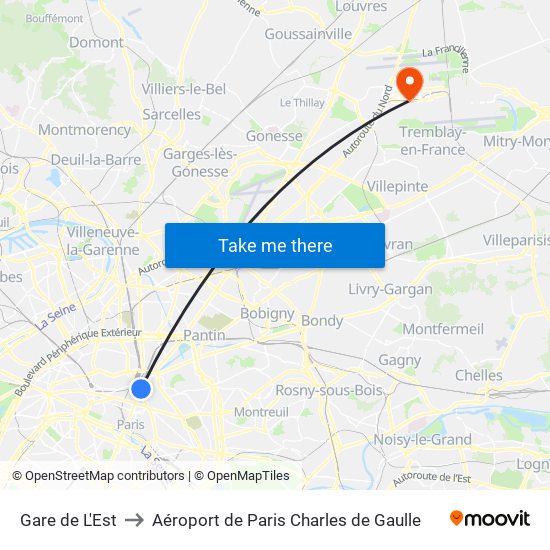 Gare de L'Est to Aéroport de Paris Charles de Gaulle map