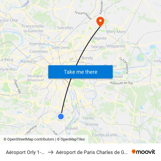 Aéroport Orly 1-2-3 to Aéroport de Paris Charles de Gaulle map
