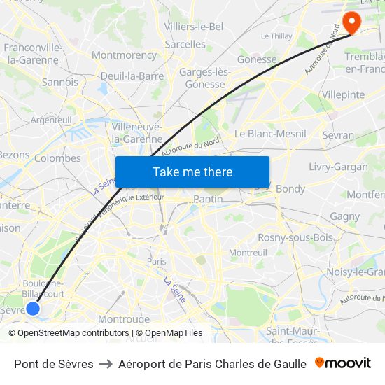 Pont de Sèvres to Aéroport de Paris Charles de Gaulle map