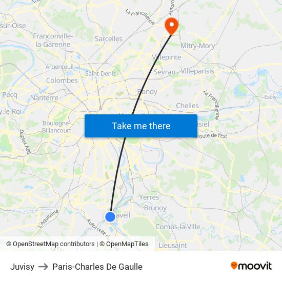 Juvisy to Paris-Charles De Gaulle map