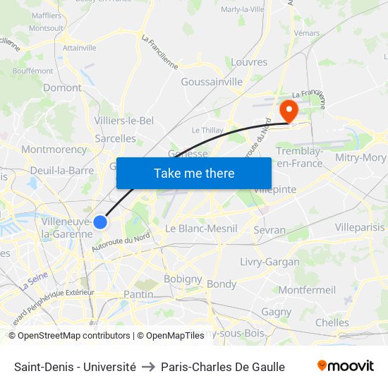 Saint-Denis - Université to Paris-Charles De Gaulle map
