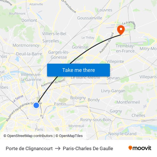 Porte de Clignancourt to Paris-Charles De Gaulle map