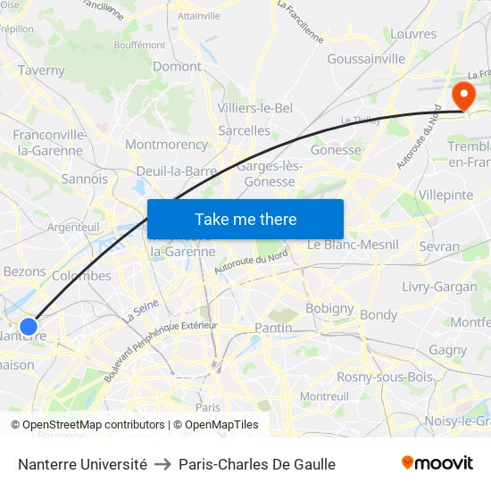 Nanterre Université to Paris-Charles De Gaulle map