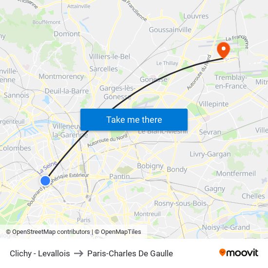 Clichy - Levallois to Paris-Charles De Gaulle map