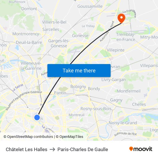 Châtelet Les Halles to Paris-Charles De Gaulle map