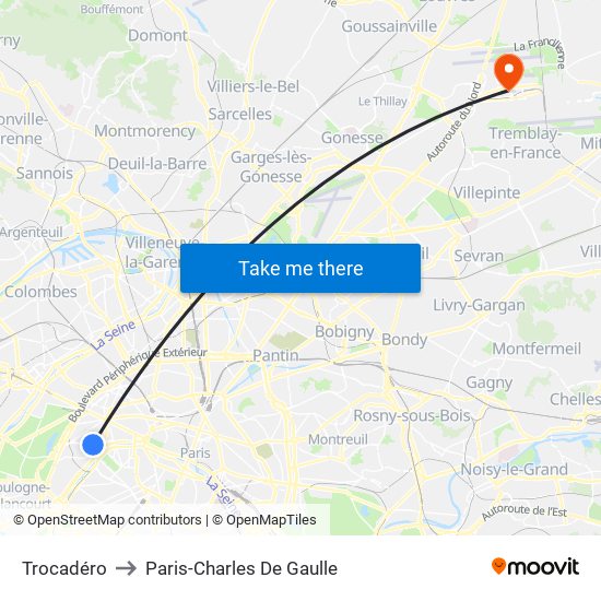 Trocadéro to Paris-Charles De Gaulle map