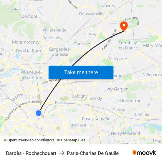 Barbès - Rochechouart to Paris-Charles De Gaulle map