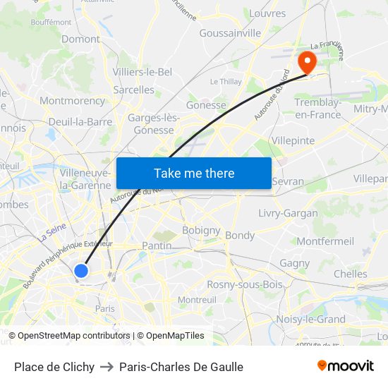 Place de Clichy to Paris-Charles De Gaulle map