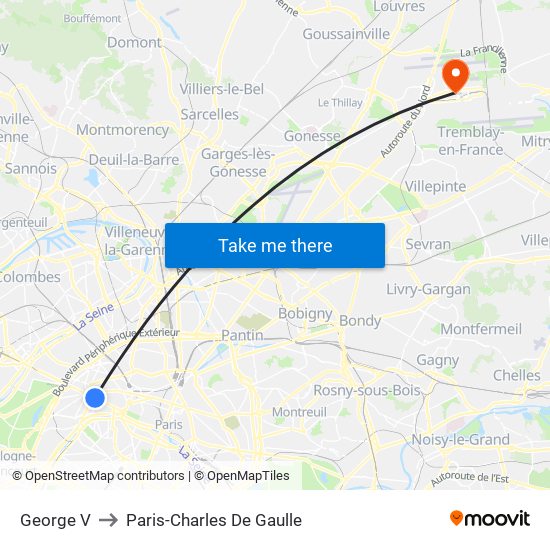 George V to Paris-Charles De Gaulle map