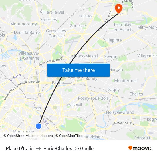 Place D'Italie to Paris-Charles De Gaulle map