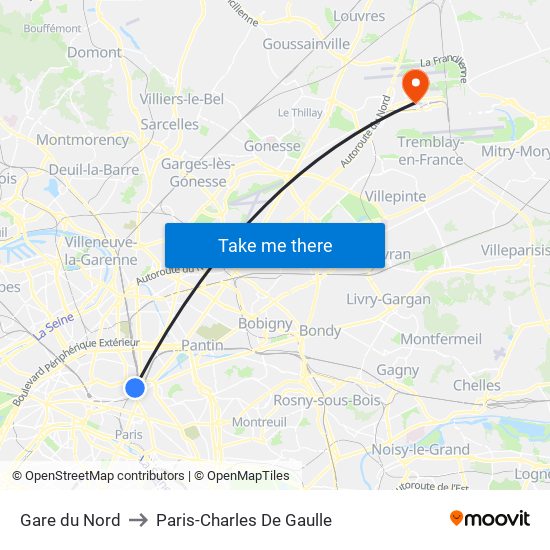 Gare du Nord to Paris-Charles De Gaulle map