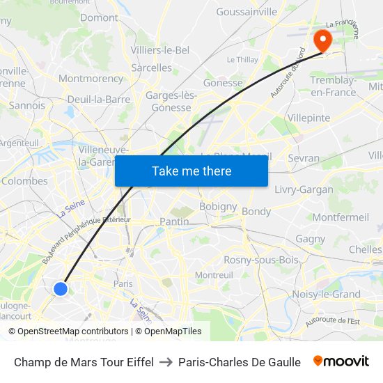 Champ de Mars Tour Eiffel to Paris-Charles De Gaulle map