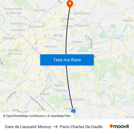 Gare de Lieusaint Moissy to Paris-Charles De Gaulle map