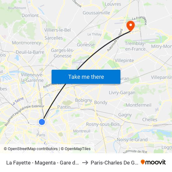 La Fayette - Magenta - Gare du Nord to Paris-Charles De Gaulle map