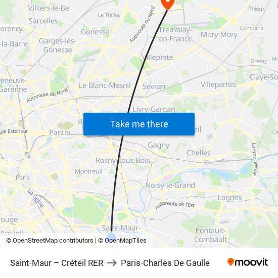 Saint-Maur – Créteil RER to Paris-Charles De Gaulle map