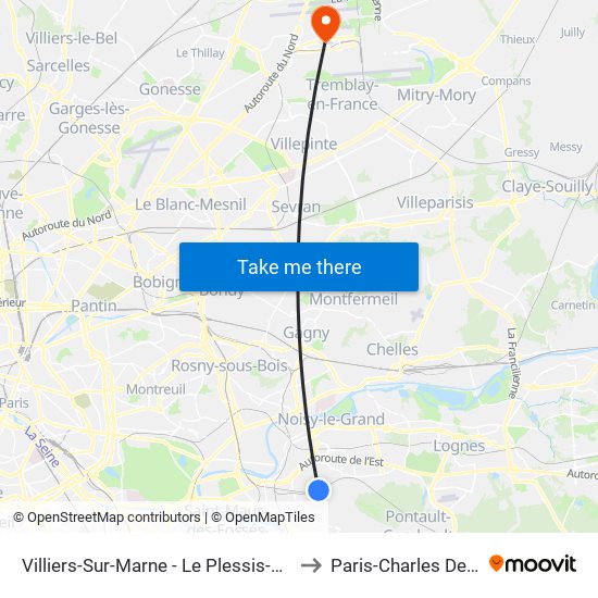 Villiers-Sur-Marne - Le Plessis-Trévise RER to Paris-Charles De Gaulle map