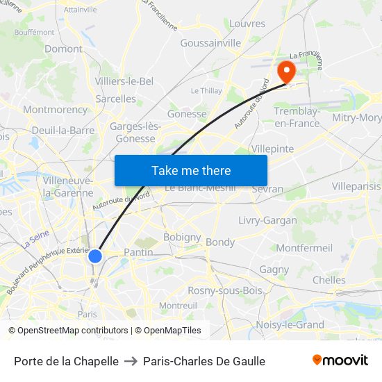 Porte de la Chapelle to Paris-Charles De Gaulle map