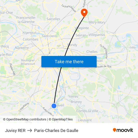 Juvisy RER to Paris-Charles De Gaulle map