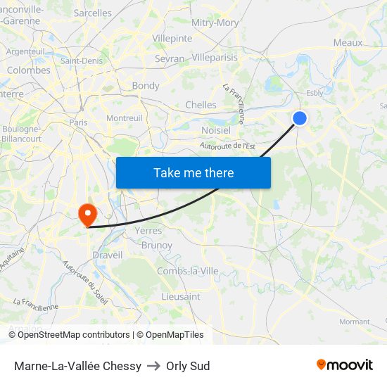 Marne-La-Vallée Chessy to Orly Sud map