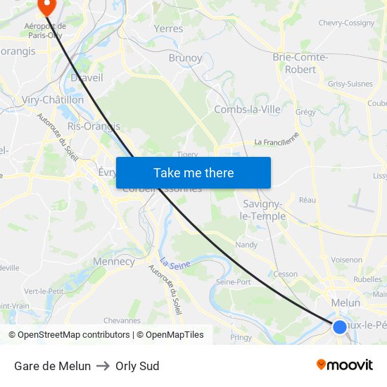 Gare de Melun to Orly Sud map