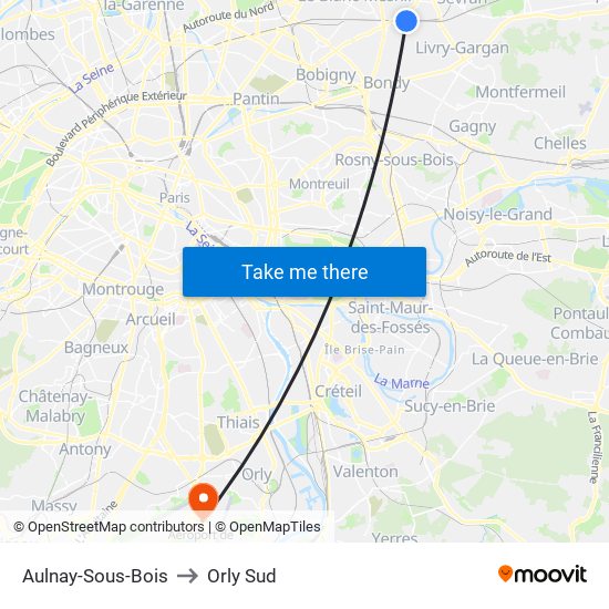 Aulnay-Sous-Bois to Orly Sud map