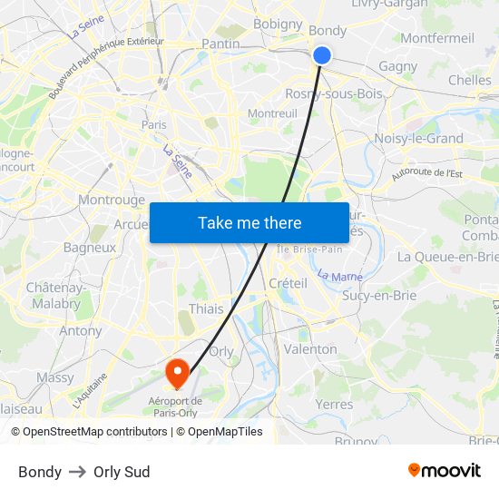 Bondy to Orly Sud map