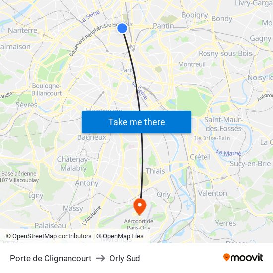 Porte de Clignancourt to Orly Sud map