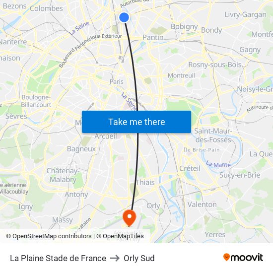 La Plaine Stade de France to Orly Sud map