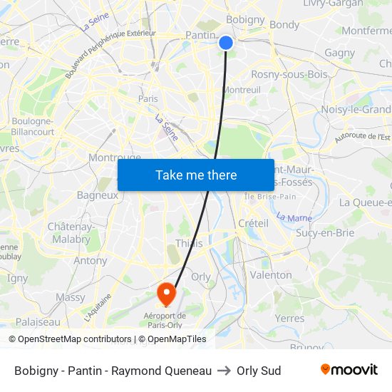 Bobigny - Pantin - Raymond Queneau to Orly Sud map