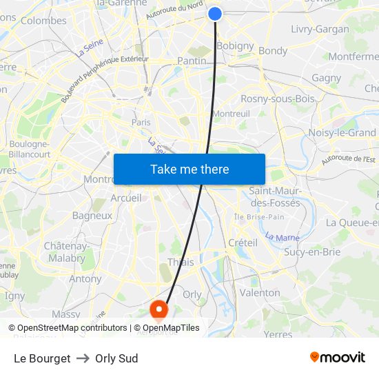 Le Bourget to Orly Sud map