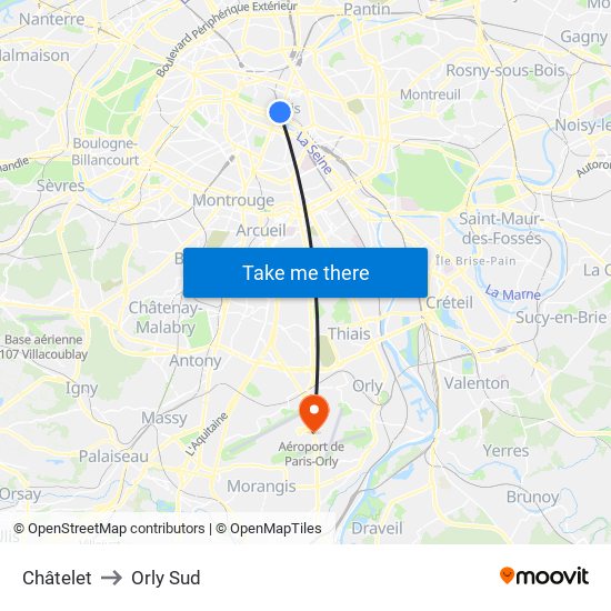 Châtelet to Orly Sud map