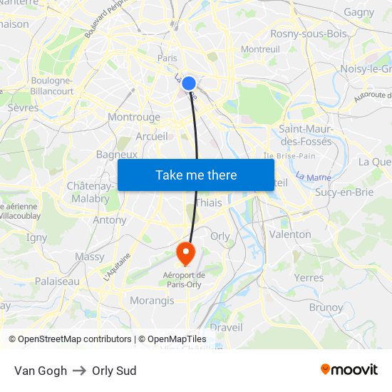Van Gogh to Orly Sud map