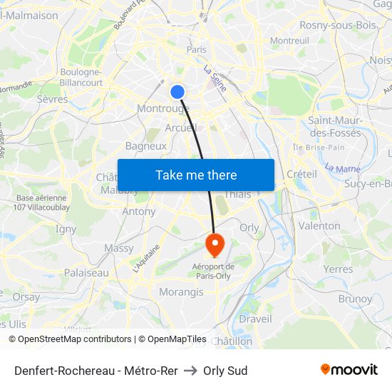 Denfert-Rochereau - Métro-Rer to Orly Sud map