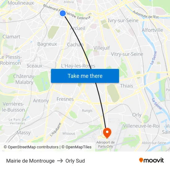 Mairie de Montrouge to Orly Sud map