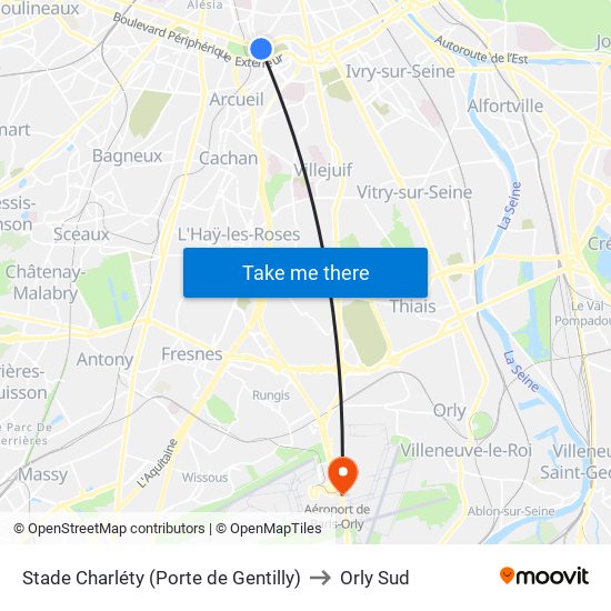 Stade Charléty (Porte de Gentilly) to Orly Sud map