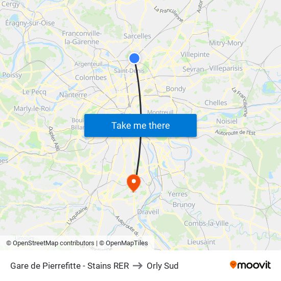 Gare de Pierrefitte - Stains RER to Orly Sud map