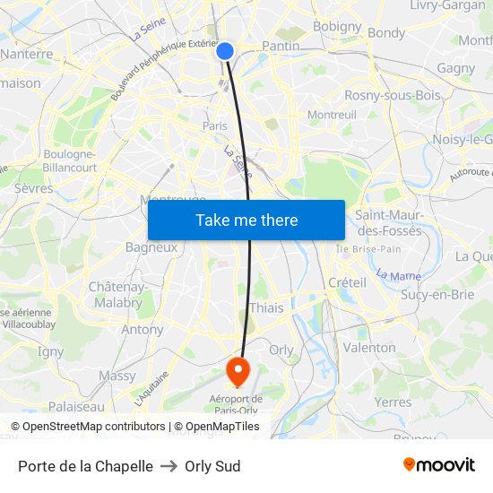 Porte de la Chapelle to Orly Sud map