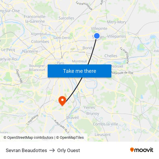 Sevran Beaudottes to Orly Ouest map