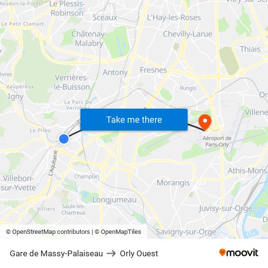 Gare de Massy-Palaiseau to Orly Ouest map