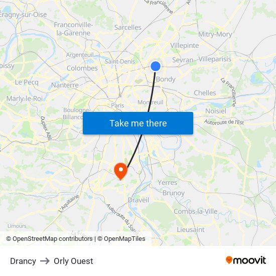 Drancy to Orly Ouest map