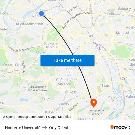 Nanterre Université to Orly Ouest map