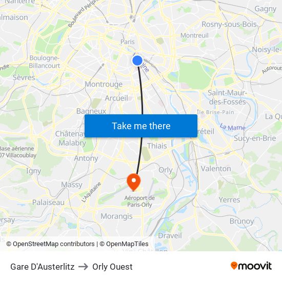 Gare D'Austerlitz to Orly Ouest map