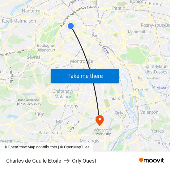 Charles de Gaulle Etoile to Orly Ouest map