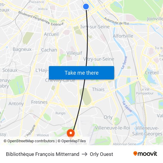 Bibliothèque François Mitterrand to Orly Ouest map