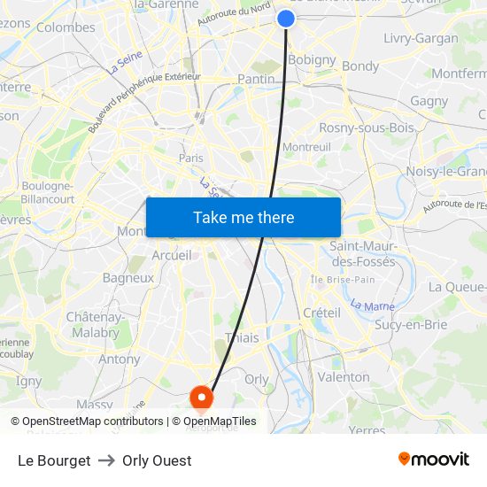 Le Bourget to Orly Ouest map