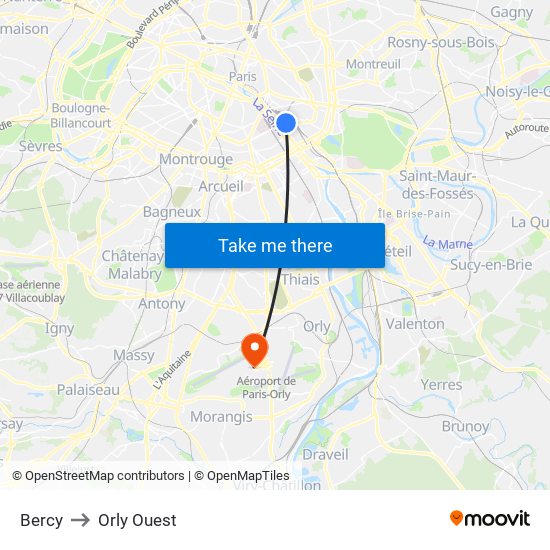 Bercy to Orly Ouest map