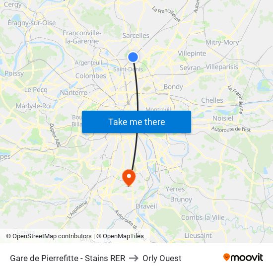 Gare de Pierrefitte - Stains RER to Orly Ouest map