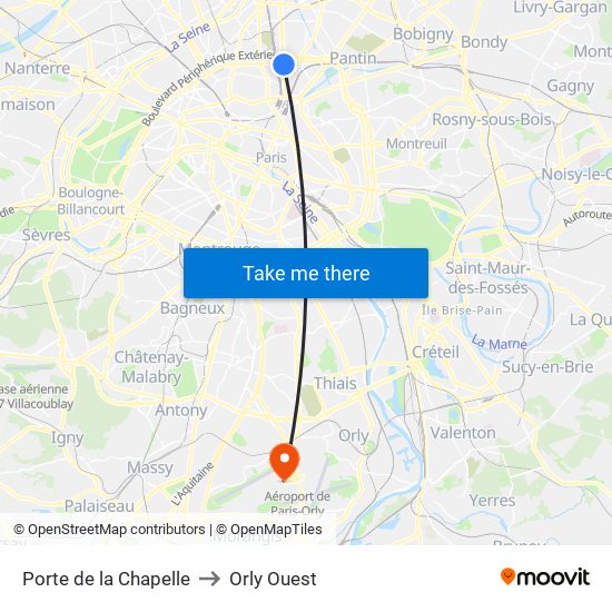 Porte de la Chapelle to Orly Ouest map
