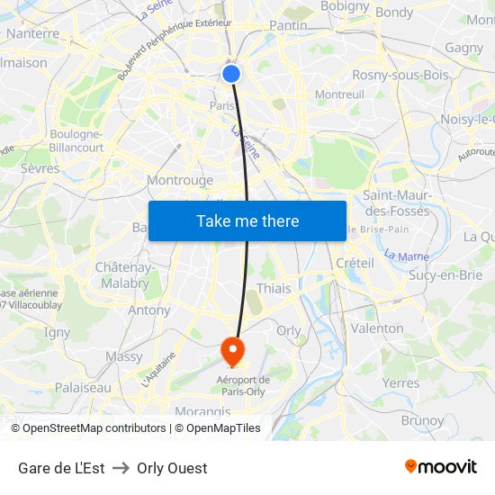 Gare de L'Est to Orly Ouest map